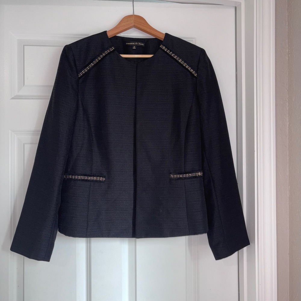 Preston & York Textured Open-Front Round-Neck Blazer Gold Trim Details Sz 14